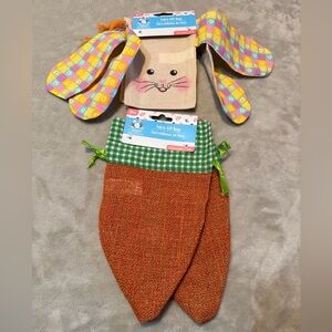 Bunny (2) & Carrot (2) Fabric Gift Bags with Colorful Ears & Checkered Band